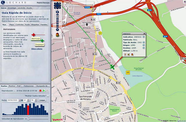 Ejemplo de un incumplimiento en las rutas del aeropuerto de Madrid-Barajas detectado por el Ayuntamiento de San Fernando de Henares gracias al sistema WebTrak (20 de Enero de 2010)